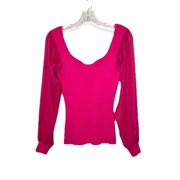 Adelyn Rae Britt Sheer Puff Sleeve Ribbed Knit Top In Party Pink Women's Small - Picture 3 of 8